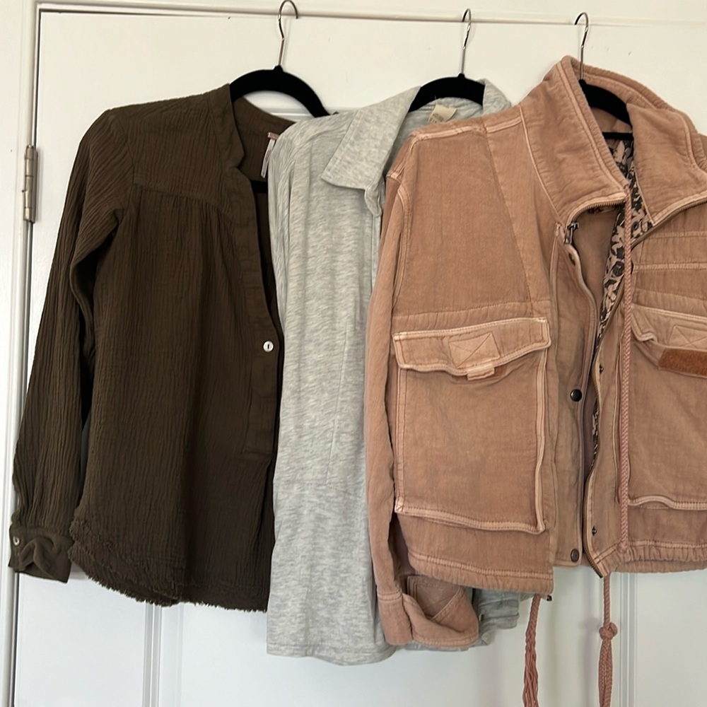 Free people/ we the free bundle- 2 shirts (XS) and 1 jacket (s)